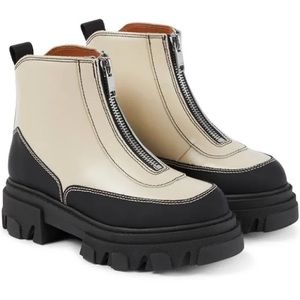 GANNI Lug-Sole Leather Combat POLIDO Boots in Egret, 7 / 37
